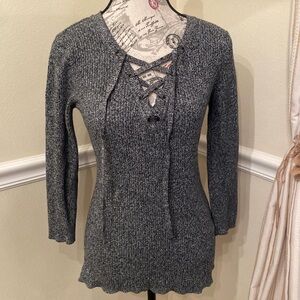 New York & Company Charcoal V-Neck Lace-Up Sweater